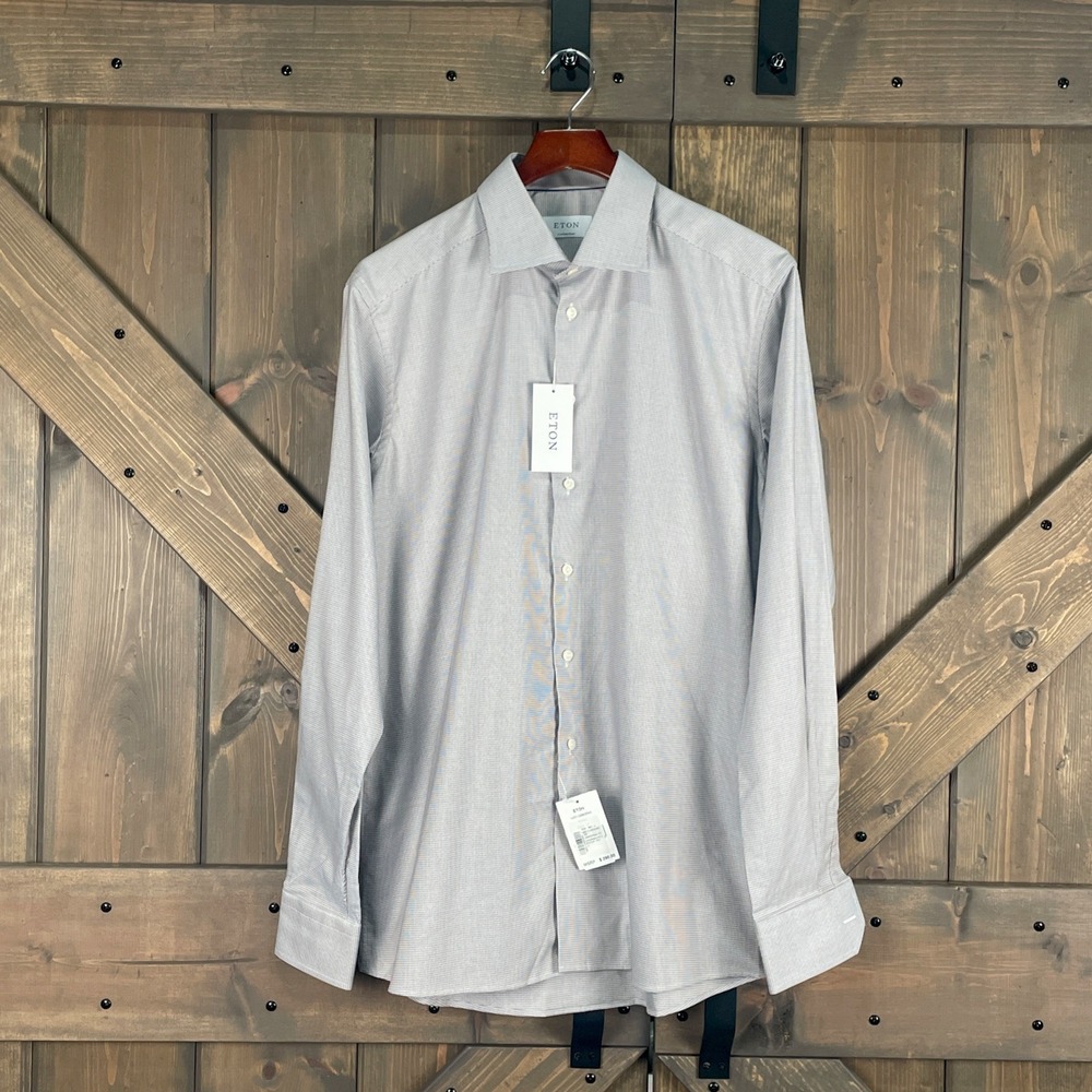 NWT Eton Shirt 17 Contemporary Fit Medium Bro Micro Houndstooth Dress Grey Blue
